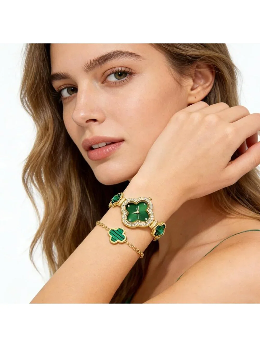 Women's Green Gold Lucky Clover Flower Design Four Leaf Bracelet Set Wrist Watch